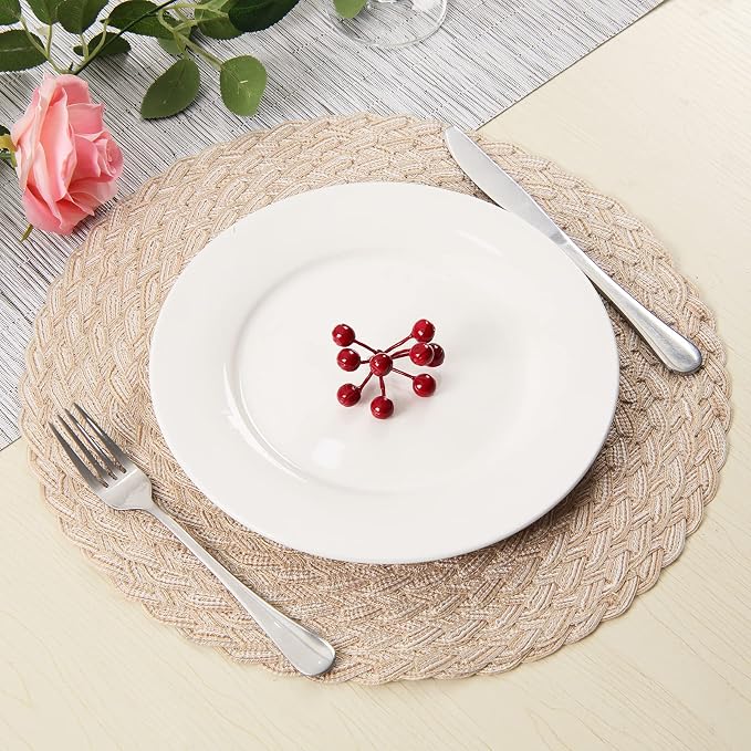 SHACOS Round Braided Placemats 15 inch Set of 6 Thick Boho Kitchen Table Placemats for Home Wedding Party (T-Beige, 6) - Image 7