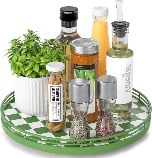 AMH 12-Inch Green and White Checkerboard Lazy Susan with Rubberwood Base | Smooth rotating oak tray with walnut finish for dining tables, kitchen counters, pantries and cabinet storage. by AMH