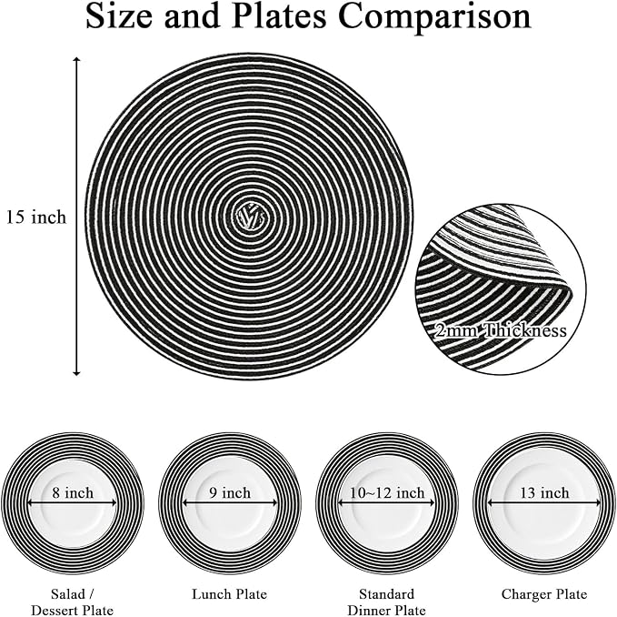 SHACOS 15 inch Round Braided Placemats Set of 6 Non Slip Washable Fabric Kitchen Table Place Mats Heat Resistant Table Mats for Home Wedding Party, Black White - Image 4