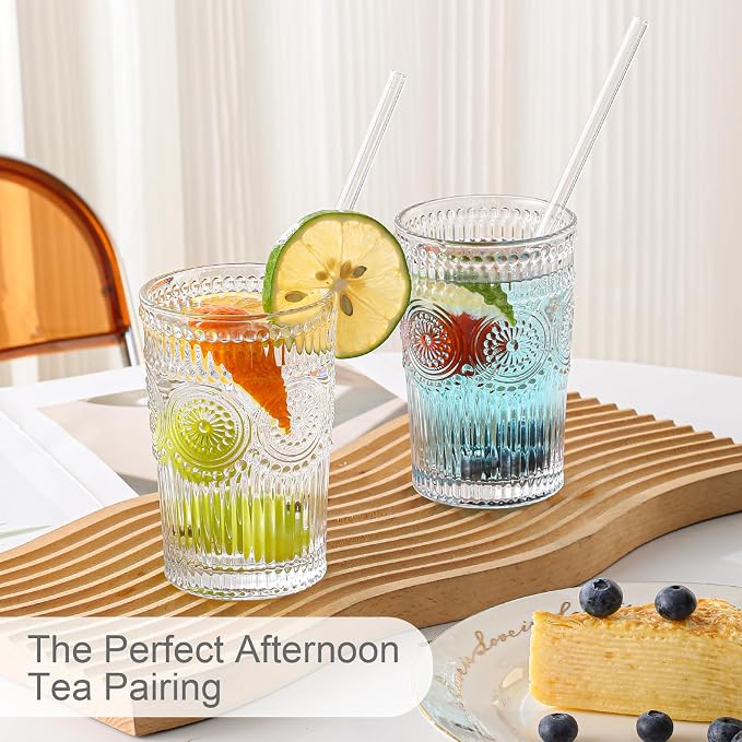 ZMOWIPDL Drinking Glasses Set of 6,13oz Flower Design Clear Glass Cups | Vintage Glassware,Textured Tumblers,Embossed Striped Drinkware for Water,Cocktails,Juice,Iced Coffee - Image 7