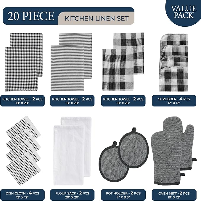 LANE LINEN Kitchen Towels Set 20 Pack - Ultra Soft Cotton Kitchen Hand Towels, Highly Absorbent Dish Cloths, Durable Scrubbers, Flour Sack Tea Towels, Heat Resistant Oven Mitts & Pot Holders - Black - Image 2