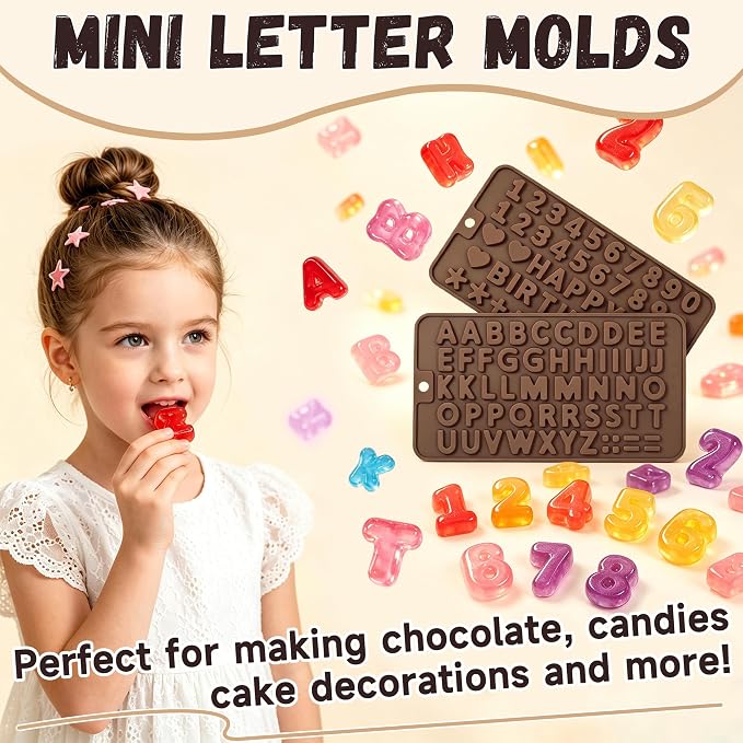 2PCS Silicone Molds for Chocolate,Number Letter Molds,Reusable Candy Molds with Happy Birthday Decorating Symbols,Mini Size Alphabet Decorating for Birthday Cake Lollipop Fondant Chocolate - Image 5