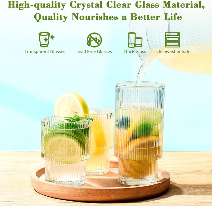 ISMASOAN Small Ribbed Glassware Set of 12, Glass Cups Fluted 12 oz & 7 oz | Stackable Glasses cup set for kitchen use in a gift box. Ideal for water, juice, iced coffee and everyday drinks - Image 3