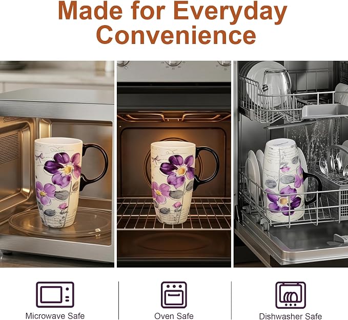 Topadorn 17oz Ceramic Travel Mug with Lid, Tall Purple Floral Coffee Mug | Large Ceramic Coffee Mug with Handle, Microwave & Dishwasher Safe, Matching Gift Box Included for Coffee, Tea and Latte - Image 6