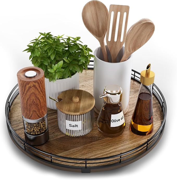 Acacia Wood 13" Lazy Susan Turntable Organizer for Table Top, Farmhouse Round Wooden Lazy Susan for Cabinet Kitchen Centerpieces Coffee Table, for Condiments Spices, Bathroom Vanity Tray Decor by HGF