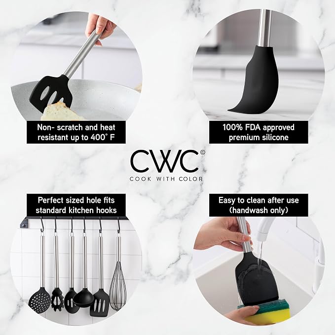 COOK WITH COLOR Silicone Cooking Utensils, Kitchen Utensil Set, Easy to Clean Silicone Kitchen Utensils, Cooking Utensils for Nonstick Cookware, Kitchen Gadgets Set, 10 Pieces, Black - Image 7