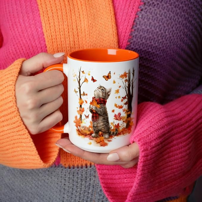 Cat Mug for Cat Lovers, Cute Kitten Fall Coffee Mugs, White, 15oz | Ceramic, Maple Leaf Tea Cup with Orange Handle, Ideal for Hot & Cold Drinks, Fun Novelty Gift for Women, Coworkers - Image 5