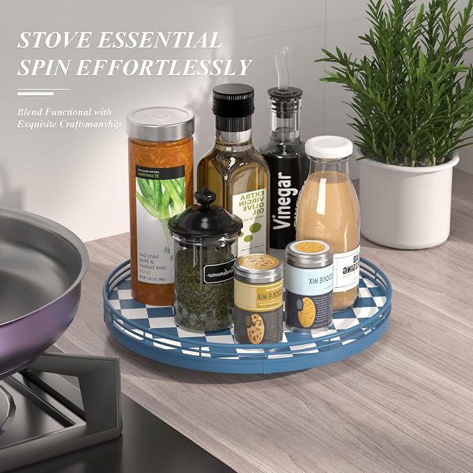 Blue and White Checkerboard Lazy Susan with Rubberwood Base and Metal Rail | Smooth rotating oak tray with walnut finish for dining tables, kitchen counters, pantries and cabinet storage. - Image 5