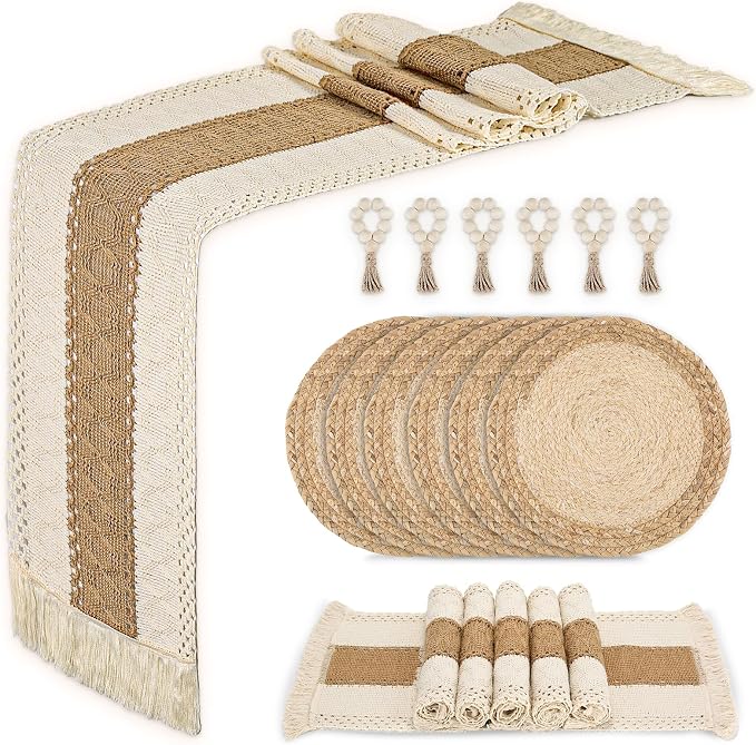 Placemats Set of 6 w/Charger Plates Table Mats Table Runner & Napkin Rings | All in One Placemats,Boho Farmhouse Style Heat-Resistant Non-Slip Protective Round Woven Placemats for Dining Table Décor - Image 9