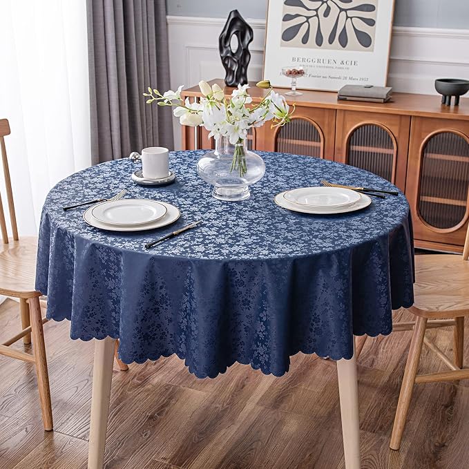 Smiry Round Waterproof Heavy Duty Vinyl Tablecloths, 70 x 70 Inch | Wipeable Washable Floral Embossed Table Cover for Kitchen and Dining Room, Indoor & Outdoor Use, Navy Blue - Image 6