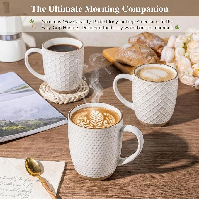 GBhome Large Coffee Mugs Set of 6, 16oz Handmade Embossed Coffee Mugs Set with Large Handle for Cappuccino/Latte/Tea/Hot Cocoa, Dishwasher & Microwave Safe, Off White - Image 4
