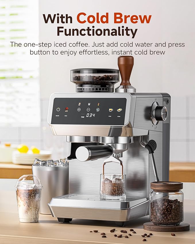 AMZCHEF Espresso Machine With Grinder, Temp Control, 44 Grind Settings | Hot & Cold Brew, Cappuccinos & Lattes, Built-in Grinder, Milk Frother, Touch Screen, Easy to Clean, Compact Design, Silver - Image 5