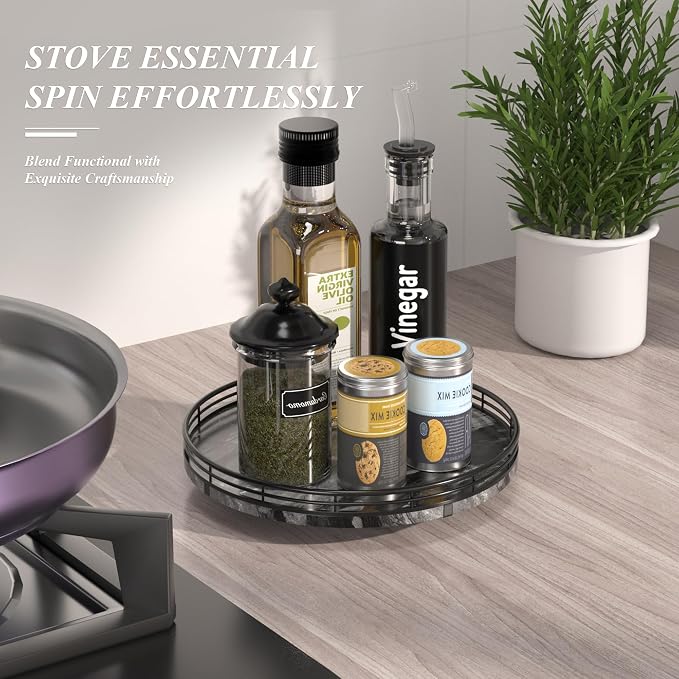 AMH 10-Inch Ancient Wood-Grain Marble Lazy Susan with Black Iron Frame | Smooth rotating oak tray with walnut finish for dining tables, kitchen counters, pantries and cabinet storage. - Image 6