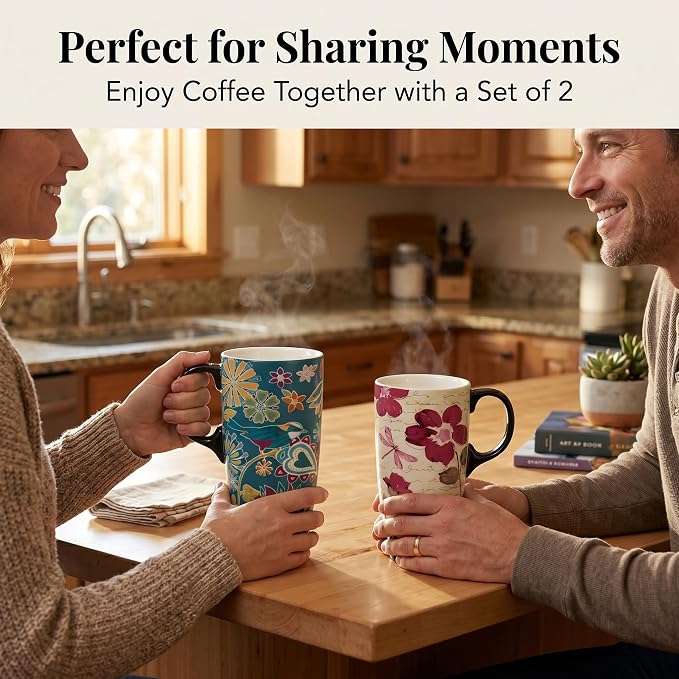 Topadorn Set of 2 Ceramic Travel Mugs, 17oz Floral Coffee Mug Set with Lids | Nature-Inspired Floral & Bird Artwork • Comfortable Handles • Microwave & Dishwasher Safe • Gift Boxes Included - Image 2