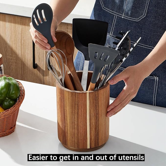Acacia Wood Utensil Holder, 360° Rotating, Large Countertop Organizer, Farmhouse Kitchen Decor - Image 5