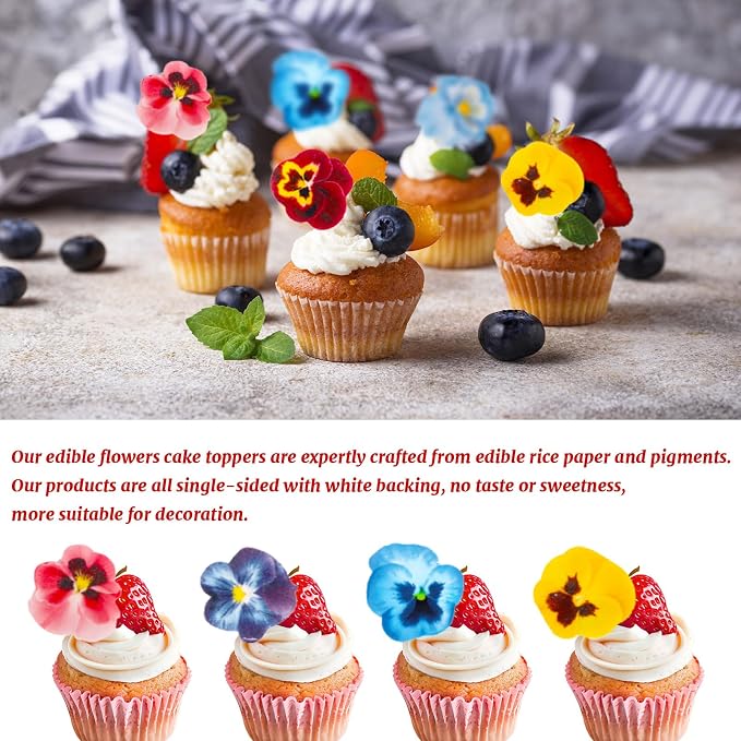 60pcs Edible Flowers Cake Decorations – Edible Flowers Cupcake Toppers | Edible Flowers Pansy Cake Toppers Decorations Wafer Paper, Flower Cupcake Toppers for Wedding Birthday Party - Image 2