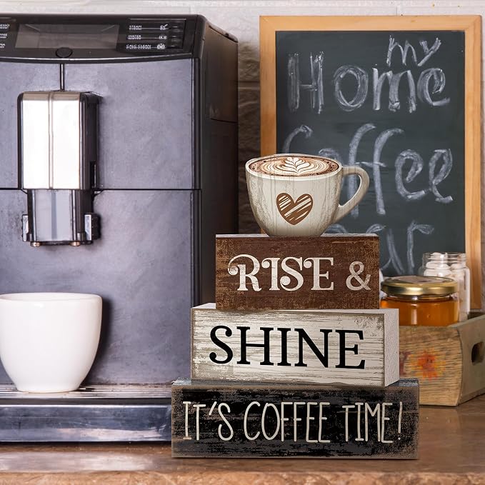 Moucuny 4 Pcs Farmhouse Coffee Bar Sign Decor Wooden Cup Rise & Shine It's Coffee Time Rustic Wood Cafe Sign Gift for Home Kitchen Tabletop Decor - Image 4