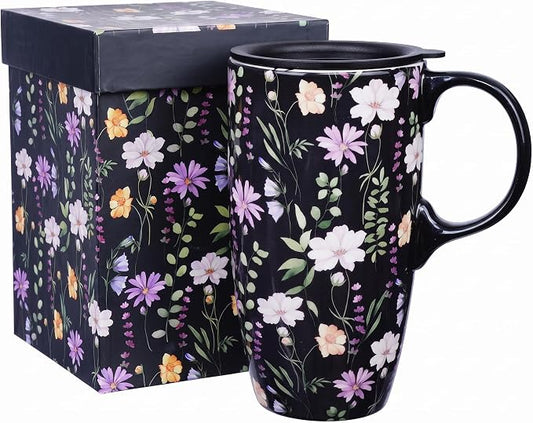Topadorn 17oz Ceramic Travel Mug with Lid, Botanical Coffee Mug | 17oz Ceramic Travel Mug • Botanical Wildflower Design • Spill-Resistant Lid • Microwave & Dishwasher Safe • Gift Box by Topadorn
