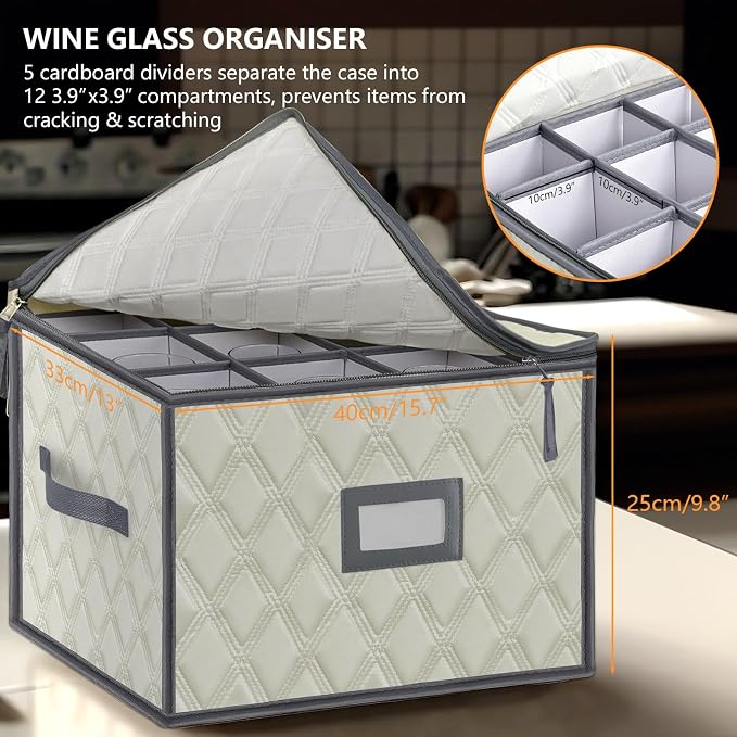 Christmas Stemware Storage Cases with Dividers- Holds 12 Wine Glass Storage or Crystal Glassware Containers, China Storage Containers with 2 Handles and Label Window -Set of 1 Beige - Image 3