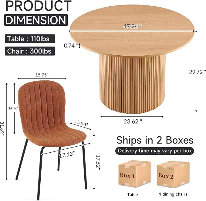 5 Piece Round Dining Table Set for 4, Mid Century Modern Wooden Kitchen Table and Chairs, Space-Saving Small Dinette Set (47 Inch Oak Table+4 Brown Chairs) - Image 2