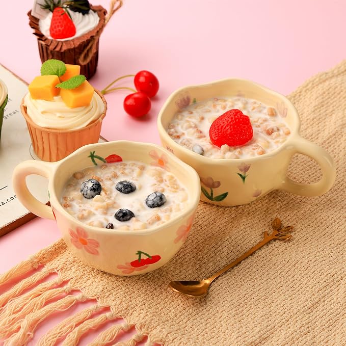 VanEnjoy Ceramic Cup, Cute Coffee Mug, Strawberry Mug, Aesthetic Coffee Mug, Retro Flower Mug, Ceramic Tea, 10oz/300ml for Tea Coffee, Milk and Oatmeal - Image 4