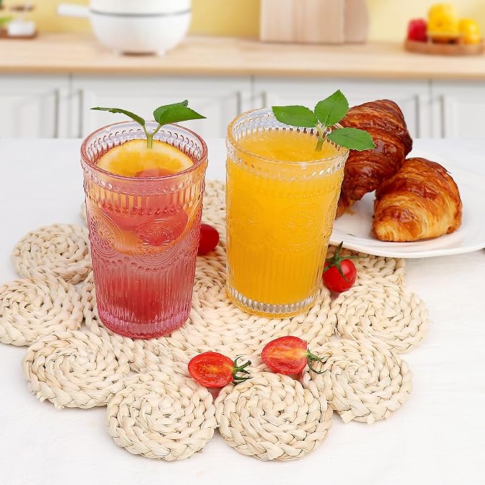 Loivttvv 6pcs Vintage Drinking Glasses Set, 12 oz Pink Highball Glasses, Embossed Ribbed Glassware Cups for Cocktail, Water, Juice, Coffee, Whiskey - Image 6