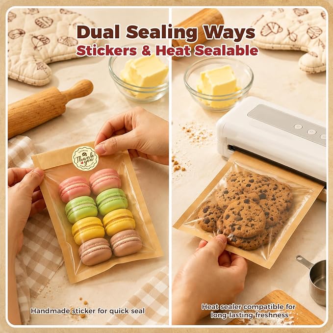 120PCS Cookie Bags with Seal, 5.1 x 7.5 Inch Cookie Packaging with Stickers | Heat Sealable & Grease Resistant Paper Bakery Bags with Window, Pastry Bags for Bake Sale Treat Scone Donut Brownie - Image 5