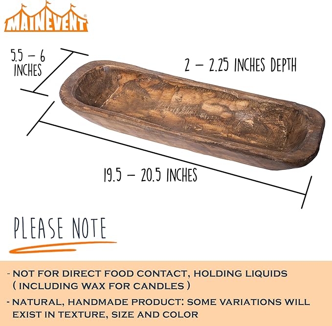 MAINEVENT Decorative Wooden Dough Bowl Decor Approx 20 Inch, Centerpiece Long Wood Dough Bowl, Made in USA