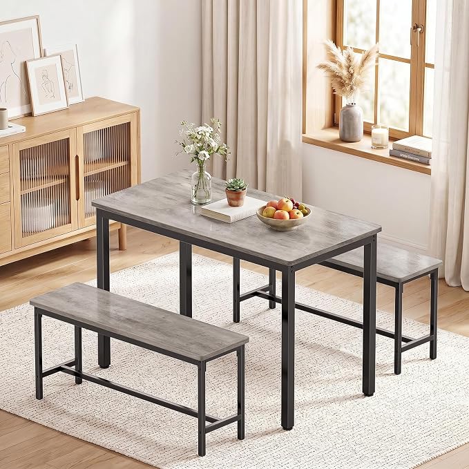Dining Table Set for 4, Kitchen Table with 2 Benchs, Grey | Modern Functional 3 Piece Space-Saving Dining Room Table Set for Apartment, Breakfast Nook, Small Space - Image 4