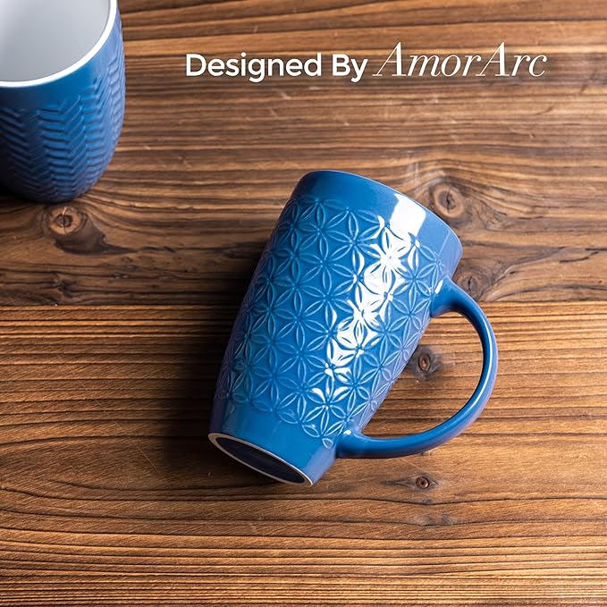 AmorArc Extra Large Coffee Mugs Set of 6, 20oz Ceramic Tall Coffee Mugs Set with Textured Geometric Patterns for Latte/Tea/Beer/Hot Cocoa, Dishwasher & Microwave Safe, Blue - Image 3