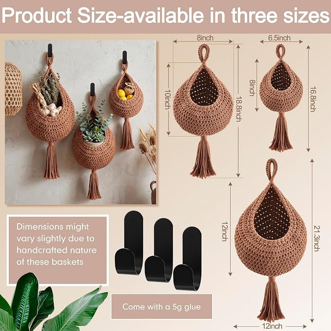 Honeydak Boho Decor Hanging Wall Baskets for Kitchen 3 Pack Teardrop Baskets with Hooks Storage Fruit Onion Vegetable Potato for Home 3 Sizes(White,Tassel,Cotton Rope) - Image 2