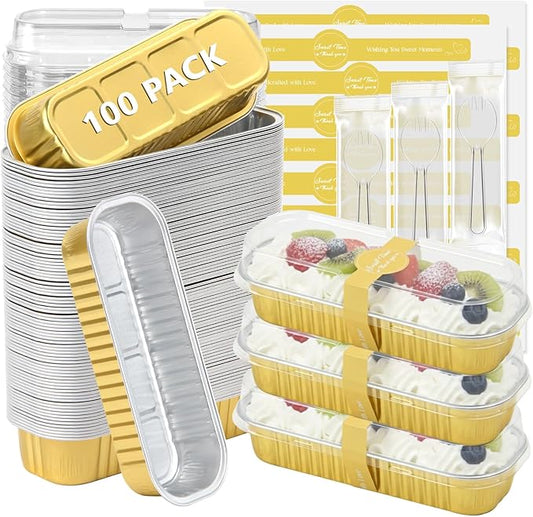 Ruckae 100 Pack Mini Loaf Pans with Lids and Spoons Disposable Aluminum Tin Foil Pans Rectangle Mini Loaf Cake Pan for Baking,Party,Picnics,Gifts (Gold)
