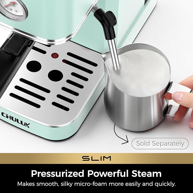 CHULUX Slim Espresso Machine with Milk Frother for Home Latte, Pastel Green | Precise Pressure Gauge, Food-Grade Materials, 20 Bar Italian Pump, Professional Temperature Control System, Stainless Steel - Image 3