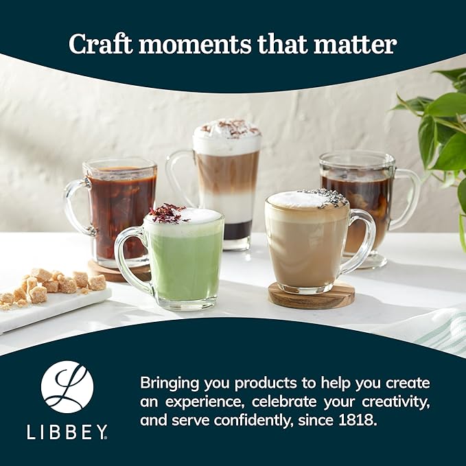 Libbey Tapered Glass Mug Set of 8, 15.5 Oz Thick, Clear Glass Coffee Cups w/ C-Shaped Handle, Dishwasher Safe Coffee Mugs Set for Tea, Cider and More