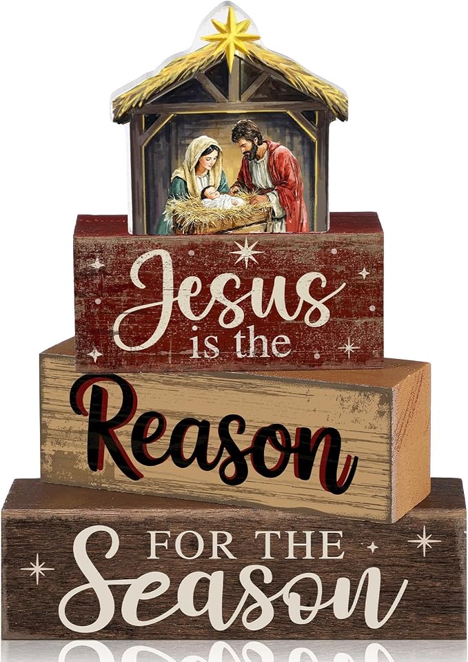 Moucuny 4 Pcs Christmas Table Decoration Christian Wooden Stacked Block, Jesus is the Reason for the Season Signs with Nativity Scene, Rustic Religious Christmas Tiered Tray Decor for Home Church by Moucuny