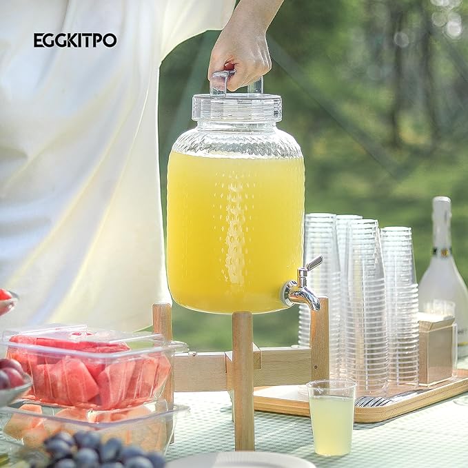 EGGKITPO 2.2 Gallon Drink Dispensers with 304 Stainless Steel Spigot for Parties Lemonade Dispenser with Wood Bracket Clear Cover Polycarbonate Beverage Dispenser for Home Use and Laundry Room