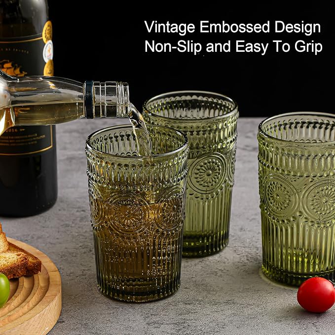 ZMOWIPDL Drinking Glasses Set of 6,13oz Flower Design Green Glass Cups | Vintage Glassware,Textured Tumblers,Embossed Striped Drinkware for Water,Cocktails,Juice,Iced Coffee - Image 7