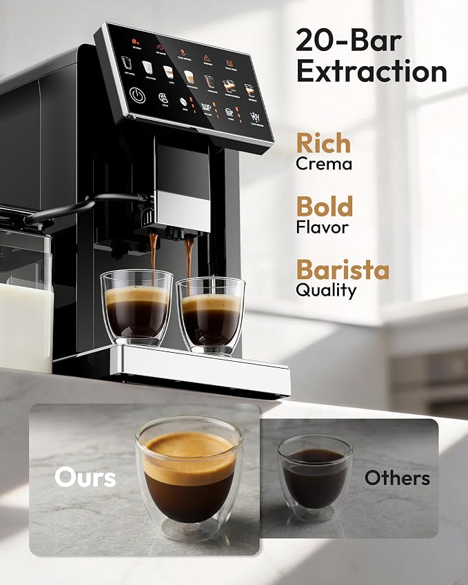 Automatic Espresso Machine, 20 Bar Coffee Maker with Grinder Built in Milk Frother, 15-Grind Settings Fully Automatic Espresso Machine with Touch Screen, Auto Self-Cleaning for Cappuccino & Latte - Image 4