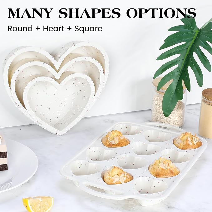 Heart Shaped Muffin Pan, 12 Cup, 2.5 Inch, Cream | 2 Pcs, Metal Reinforced Frame, Nonstick Silicone, Heart Cake Mold for Baking, Cupcake Tray - Image 6