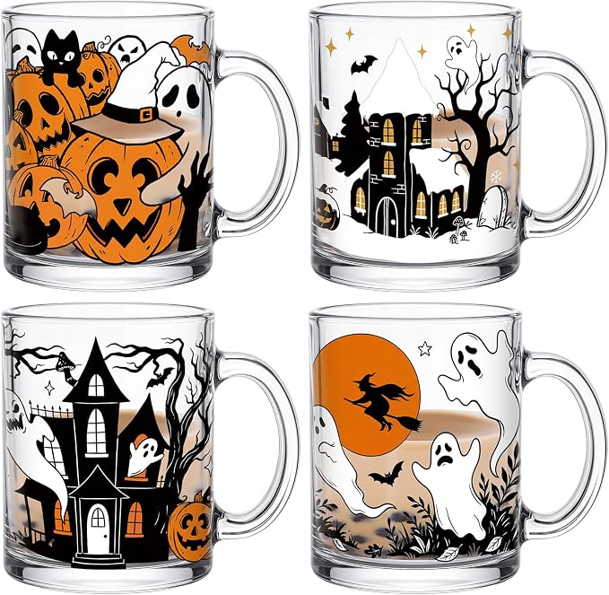 Tioncy 4 Pcs Halloween Ghost Coffee Mugs 12 oz Scary Pumpkin Glass Cups with Handle Spooky Coffee Cup Black Cat Horror Gifts Drinking Containers for Halloween Holiday Party Drinkware Accessories by Tioncy