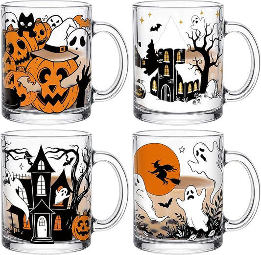 Tioncy 4 Pcs Halloween Ghost Coffee Mugs 12 oz Scary Pumpkin Glass Cups with Handle Spooky Coffee Cup Black Cat Horror Gifts Drinking Containers for Halloween Holiday Party Drinkware Accessories by Tioncy