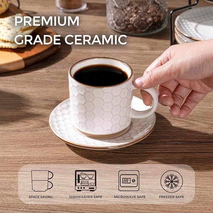 GBhome 6 OZ Stackable Coffee Mugs Set of 4, Ceramic Espresso Coffee Cups | Coffe Cups With Saucer and Stand, Dishwasher&Microwave Safe, 4 Assorted Designs - Image 3