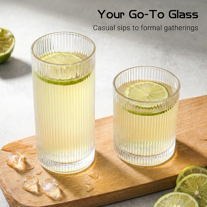 JOVGANK Drinking Glasses Set of 8 – Lead-Free Crystal Glassware, 4 Tall 15oz & 4 Short 10oz Vintage Ribbed Tumbler Glasses, Dishwasher Safe, for Juice Beer Cocktails, Great Housewarming Gift, Set A - Image 5