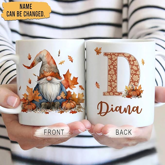 Hyturtle Personalized Fall Gnome Coffee Mug - Gnomes Gifts For Women | Fall Autumn Decor Gifts For Farmhouse Thanksgiving, Gnomes Gift Ideas on Birthday Custom Name 11oz White Ceramic Tea Mug - Image 2