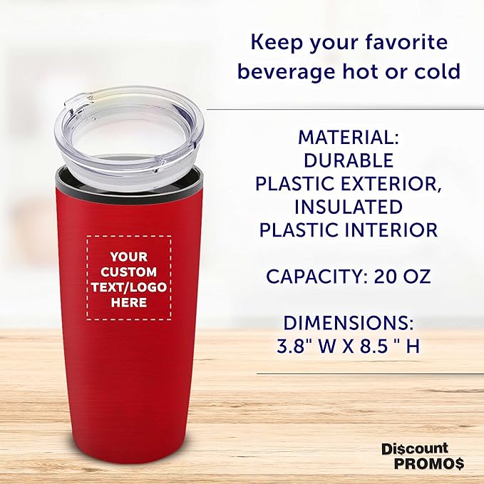 Custom Plastic Tumblers 20 oz Set of 6/12/24 Personalized Bulk Pack with Lids, Ice Coffee Tumbler, To Go Cup Insulated - Red