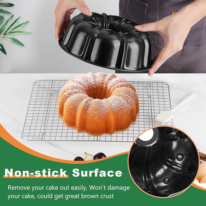 P&P CHEF 10 Inch Black Non-stick Cake Pan, Carbon Steel Fluted Tube Pan | Round Baking Pan for Pound Cake, 10-Cup Large Capacity Bakeware, Healthy & Heavy Duty, 1 Piece - Image 4