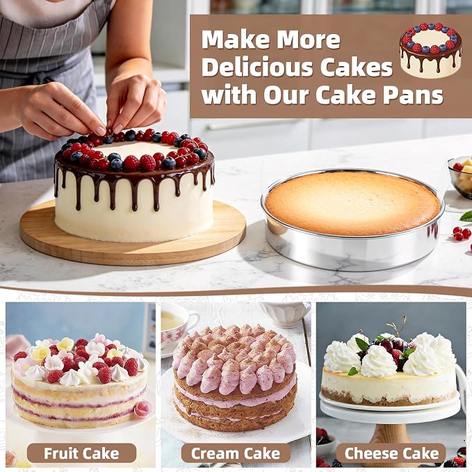 TeamFar 8 Inch Cake Pan Tins Set of 2, with 90 Pcs Parchment Paper | Stainless Steel Round Layer Cake Bakeware for Birthday Wedding, Non-Toxic & Easy Release, Mirror Finish & Dishwasher Safe - Image 5