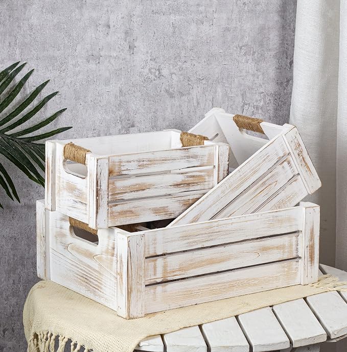 TIMRIS Set of 3 Rustic Wood Nesting Crates, Farmhouse Wooden Storage Container Boxes with Cutout Handles, Decorative Wooden Baskets for Display (Whitewash) - Image 2