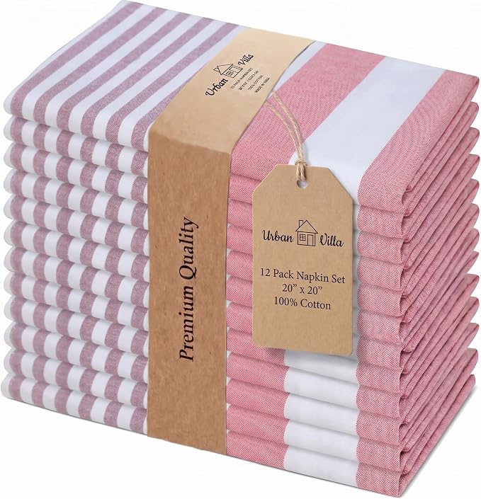 Urban Villa Cloth Napkins Cotton 20x20 (Set of 12) Garnet Red Stripes by CottonTrends