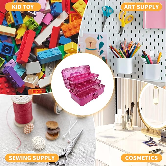 Saim Storage Bins,Three-Layer Multipurpose Art & Craft Storage Container,Carry Tackle Organizer,Medicine Cosmetic Art Supply Box for Art Supply Makeup Hair Accessories Painting Tools - Hot Pink